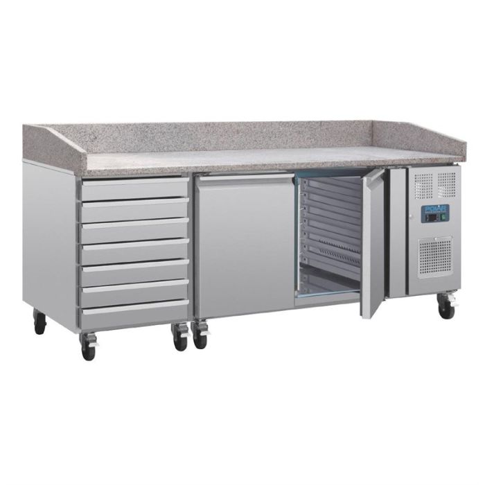 Polar U-serie pizza werkbank met marmeren blad en deeglades 428L